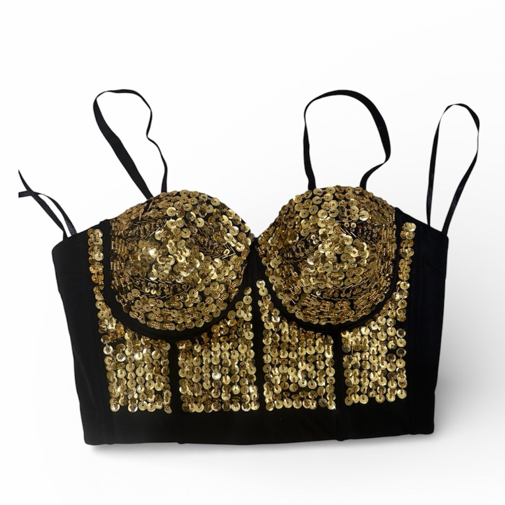 NWOT Gold Sequin Embellished Bustier Top - Picture 2 of 3